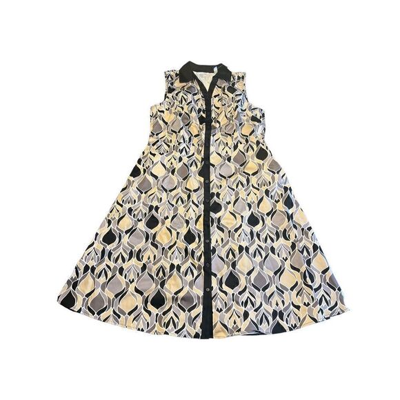 Isaac Mizrahi live black cream mosaic sleeveless button up collar dress 14 - Picture 1 of 7